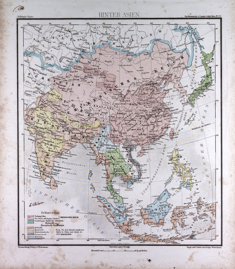 Detail of Asia, antique map 1869 by Th. von Liechtenstern and Henry Lange