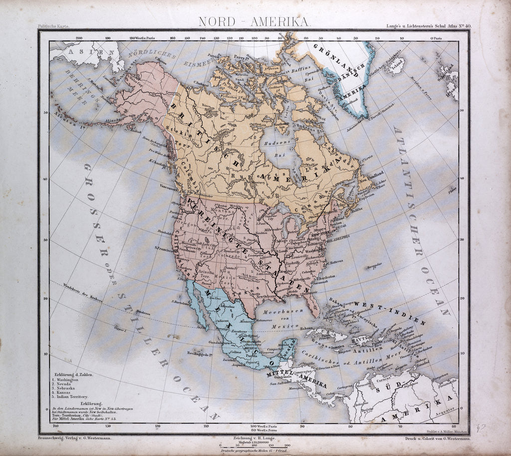 Detail of North America Map, antique map 1869 by Th. von Liechtenstern and Henry Lange
