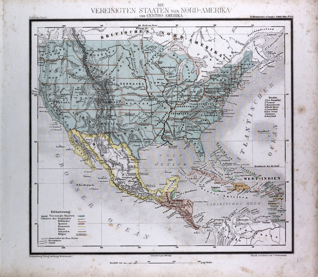 Detail of North American and Central America, antique map 1869 by Th. von Liechtenstern and Henry Lange