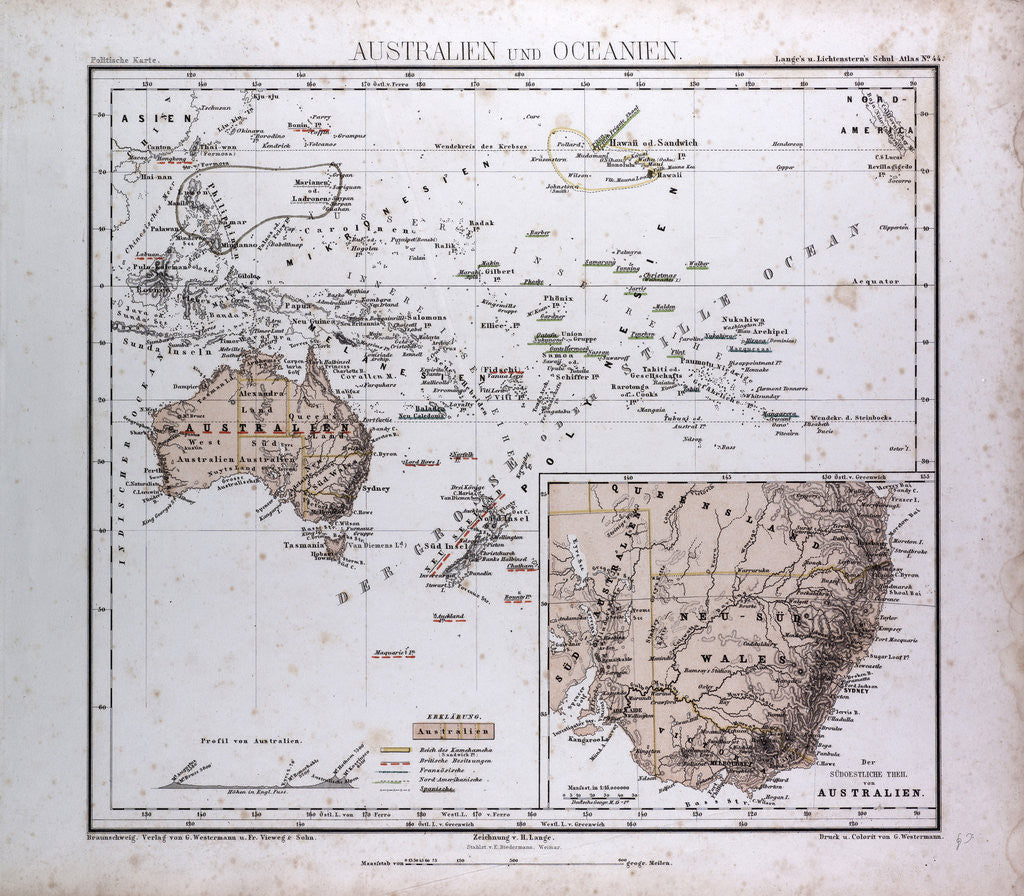 Detail of Australia and Oceania Map, antique map 1869 by Th. von Liechtenstern and Henry Lange