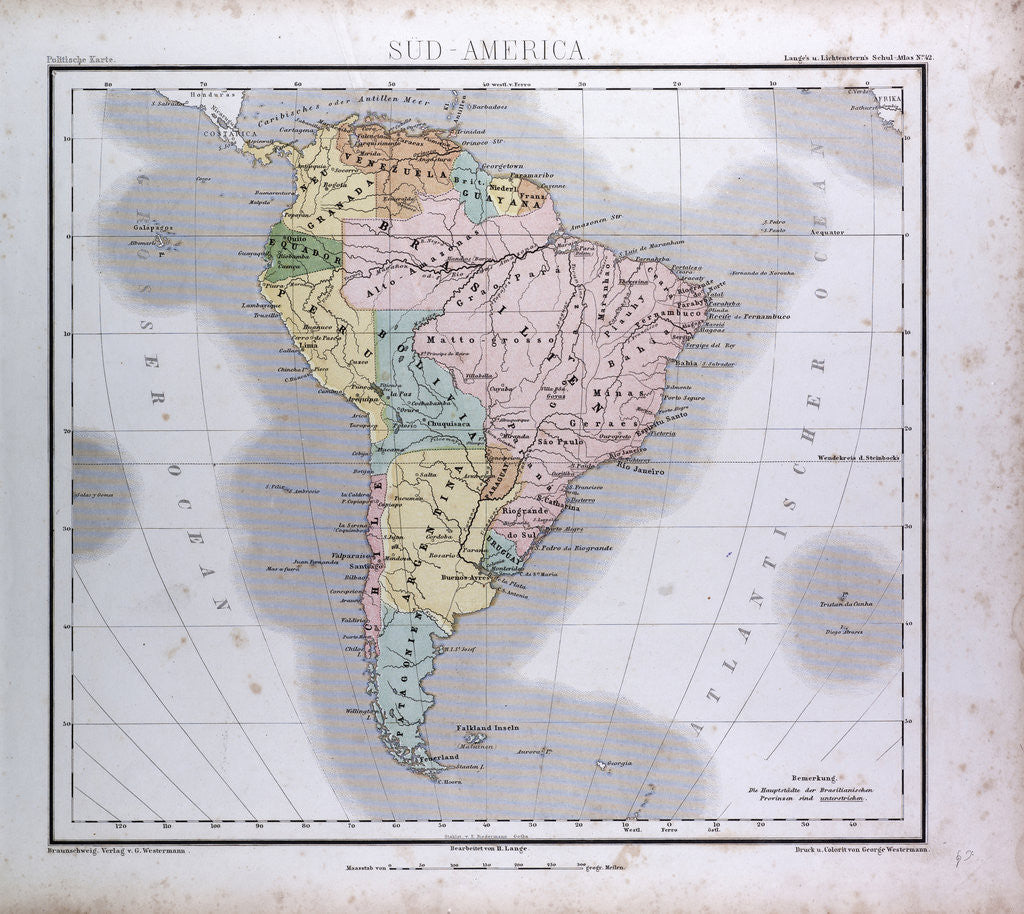 Detail of South America Map, antique map 1869 by Th. von Liechtenstern and Henry Lange