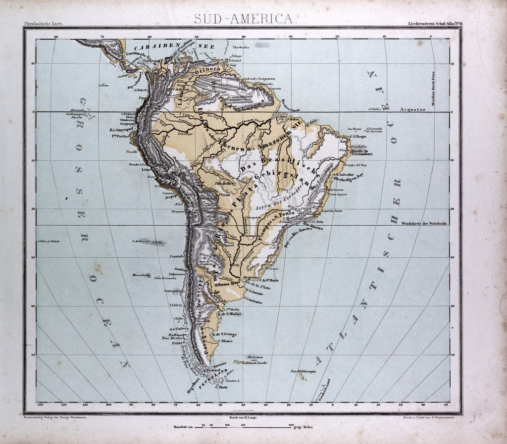 Detail of South America Map, antique map 1869 by Th. von Liechtenstern and Henry Lange