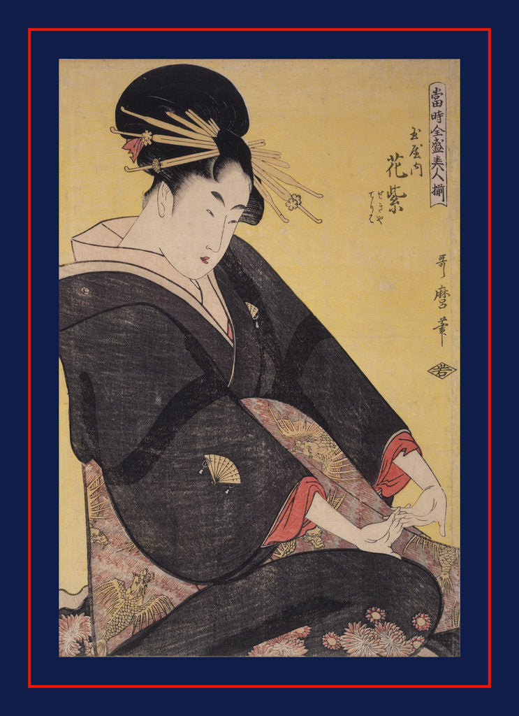 Detail of Tamaya uchi Hanamurasaki, Sekiya, Teriha, Hanamurasaki of the Tamaya, kamuro, Sekiya, Teriha by Utamaro Kitagawa