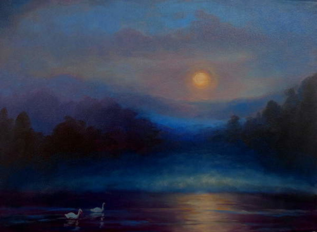 Detail of Sonata, 2018,Nocturnal lake in moonlight with swans. by Lee Campbell