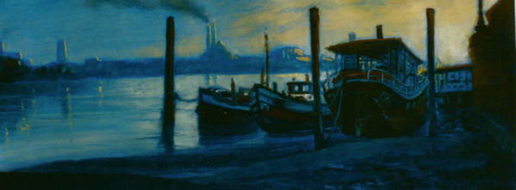 Detail of Chelsea Dusk, 2002 Thames house boats by Lee Campbell