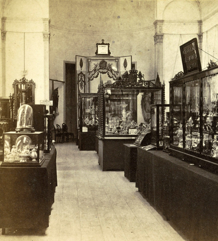 Detail of Display cabinets with objects in the exhibition of National Industry and Art in the Palace of Industry, Amsterdam by Anonymous
