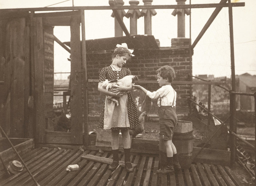 Detail of Marba (?) And Eckart Titzenthaler, children of the photographer, on the roof of the house Friedrichstrasse, Berlin, with a cock, Germany by Waldemar Titzenthaler