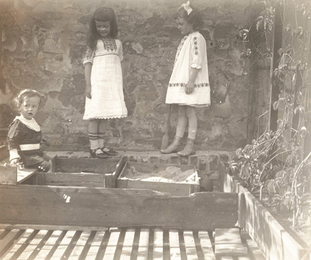Detail of Marba and Eckart Titzenthaler, children of the photographer, and an unknown girl on the roof of the house Friedrichstrasse, Berlin, Germany by Waldemar Titzenthaler