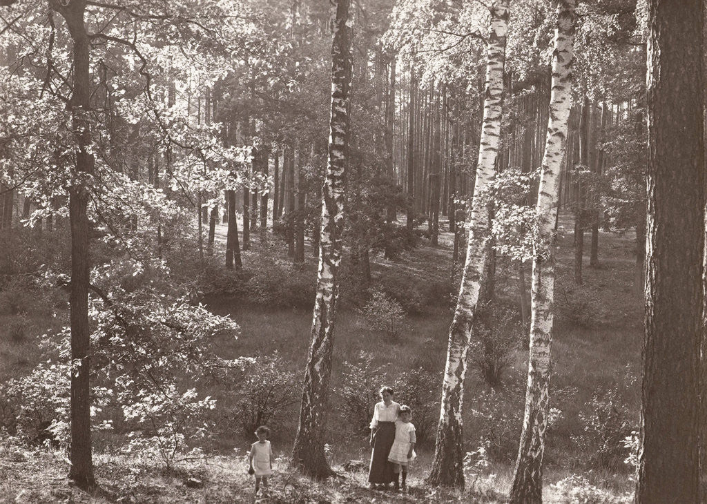 Detail of Olga Marba and Eckart Titzenthaler, wife and children of the photographer, standing in a forest by Waldemar Titzenthaler