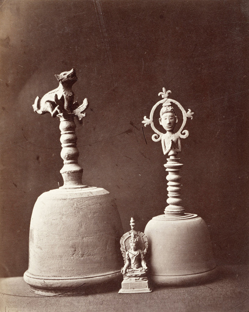 Detail of Two bronze handbells and a statuette of bodhisattva Padmapani by Isidore van Kinsbergen