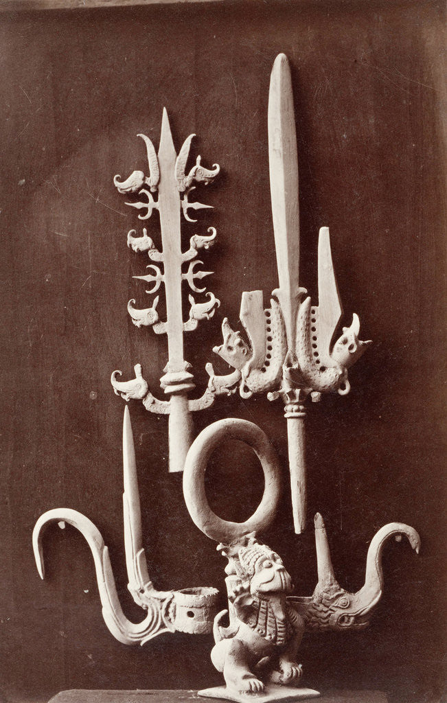 Detail of Ritual implements including a finial of a processional staff and part of a lion-shaped lamp, Talaga by Isidore van Kinsbergen