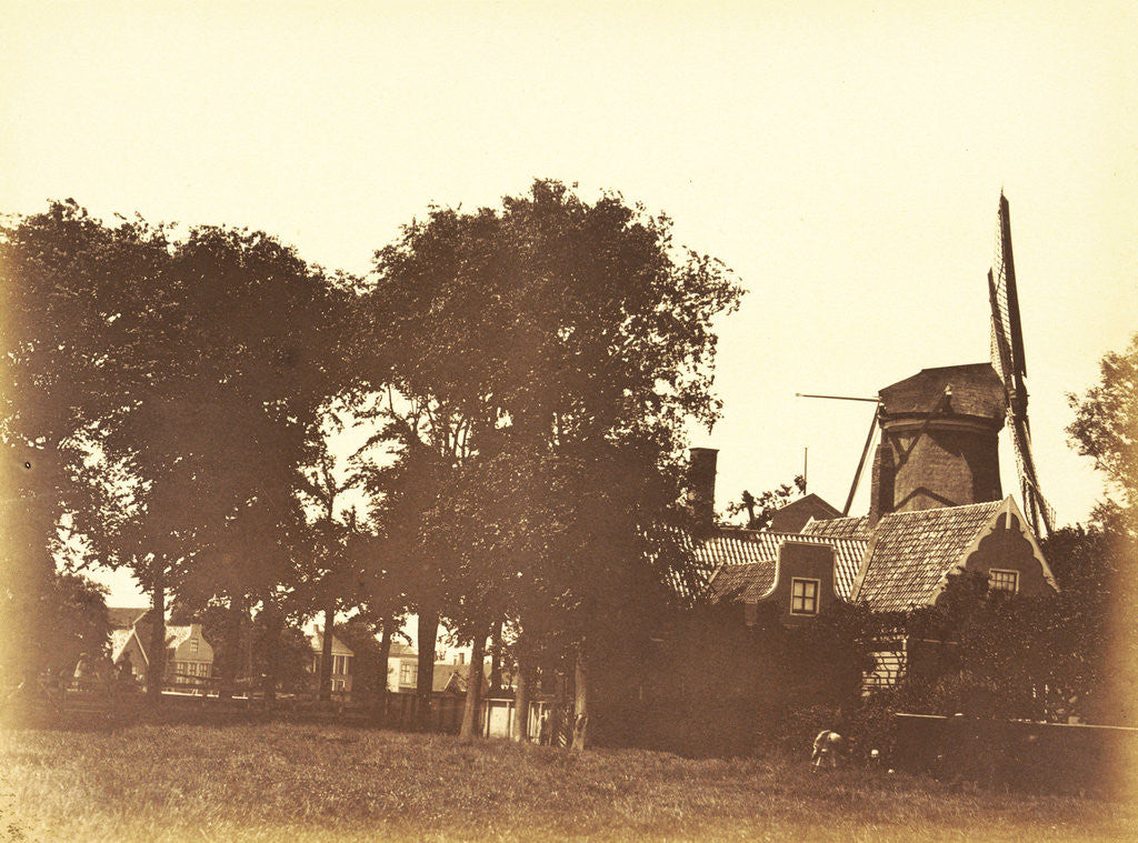 Detail of Landscape with a mill and houses on the water in Zaandam by Anonymous