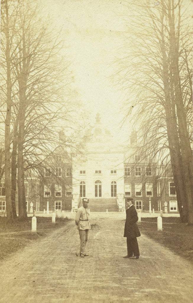 Detail of Palace Huis ten Bosch, with two men standing in the driveway, The Hague by Anonymous
