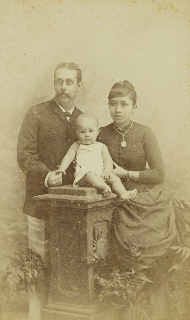 Detail of Studio Portrait of a family consisting of a Dutch man, a Javanese woman and a baby by Woodbury & Page