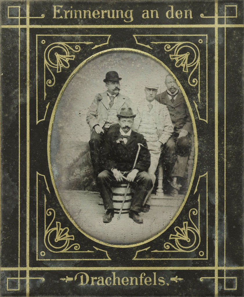 Detail of Portrait of four men standing and sitting on a ton and a balustrade, Drachenfels, Germany by Anonymous