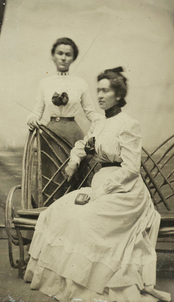 Detail of Portrait of two women in front of a backdrop by Anonymous