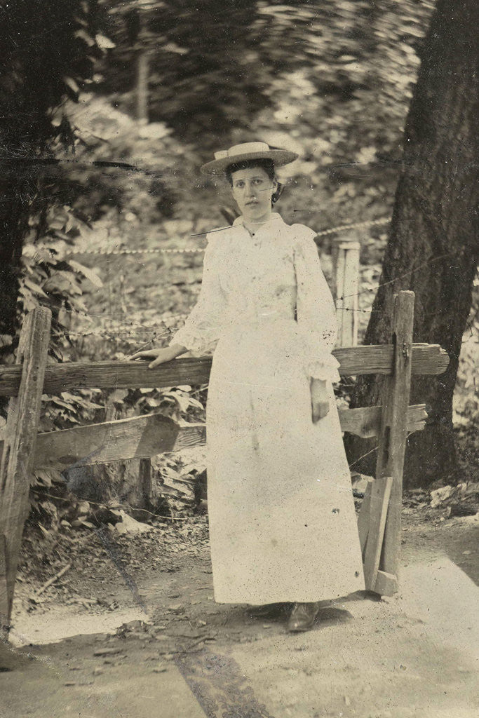 Detail of Woman standing by a fence in a forest ? by Anonymous