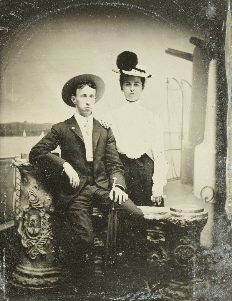 Detail of Portrait of a man and a woman, standing and sitting in front of a painted backdrop, deck by G.W. Stevens