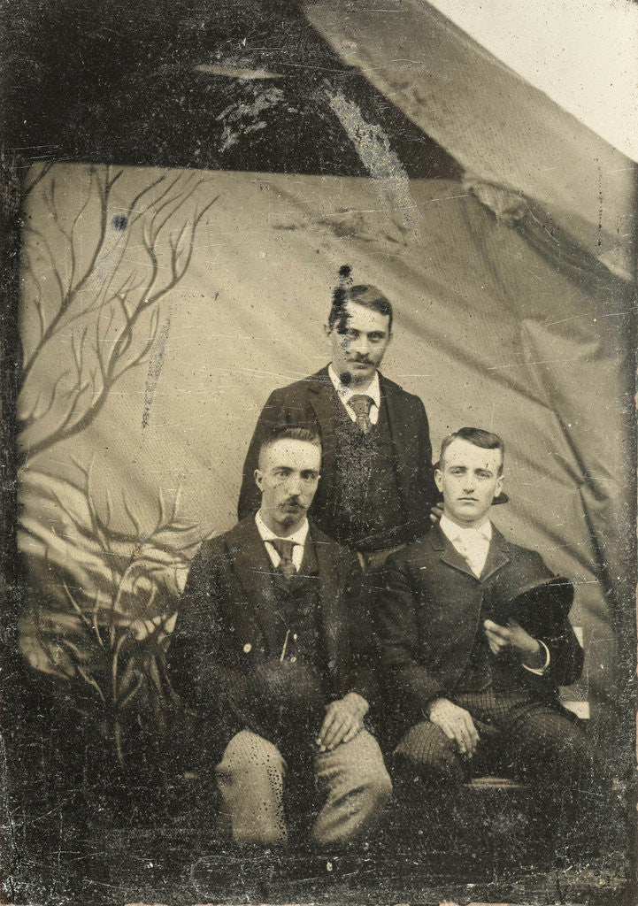 Detail of Portrait of three men, standing and sitting in front of a painted backdrop (branches) by Anonymous