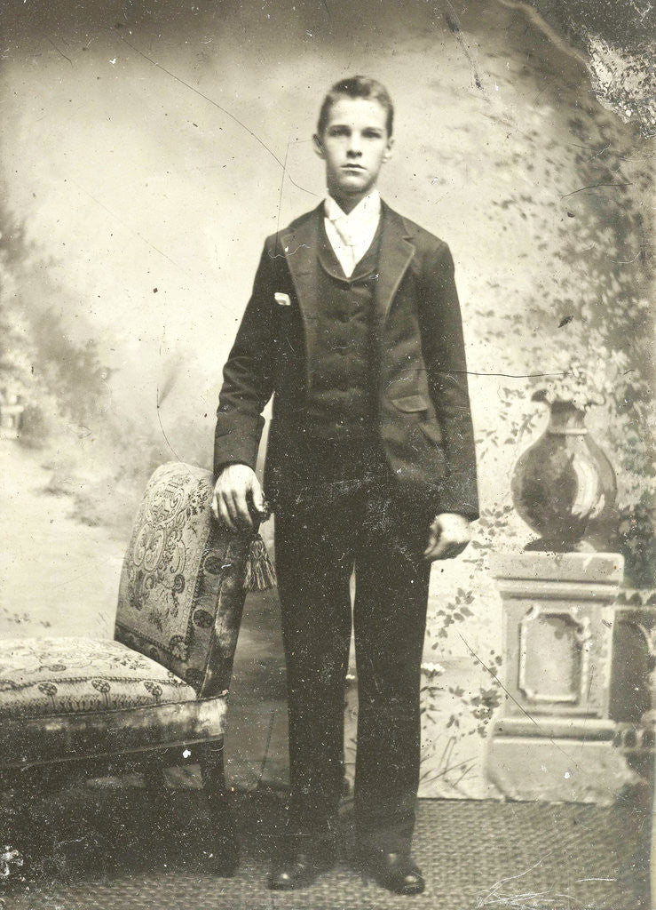 Detail of Portrait of a young man standing in front of a painted backdrop, balustrade with vase by Anonymous