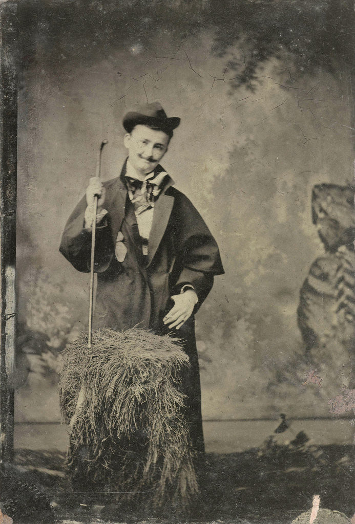 Detail of Portrait of a woman who dressed as a man (?), Standing in front of a painted backdrop (rocks and trees) by Anonymous