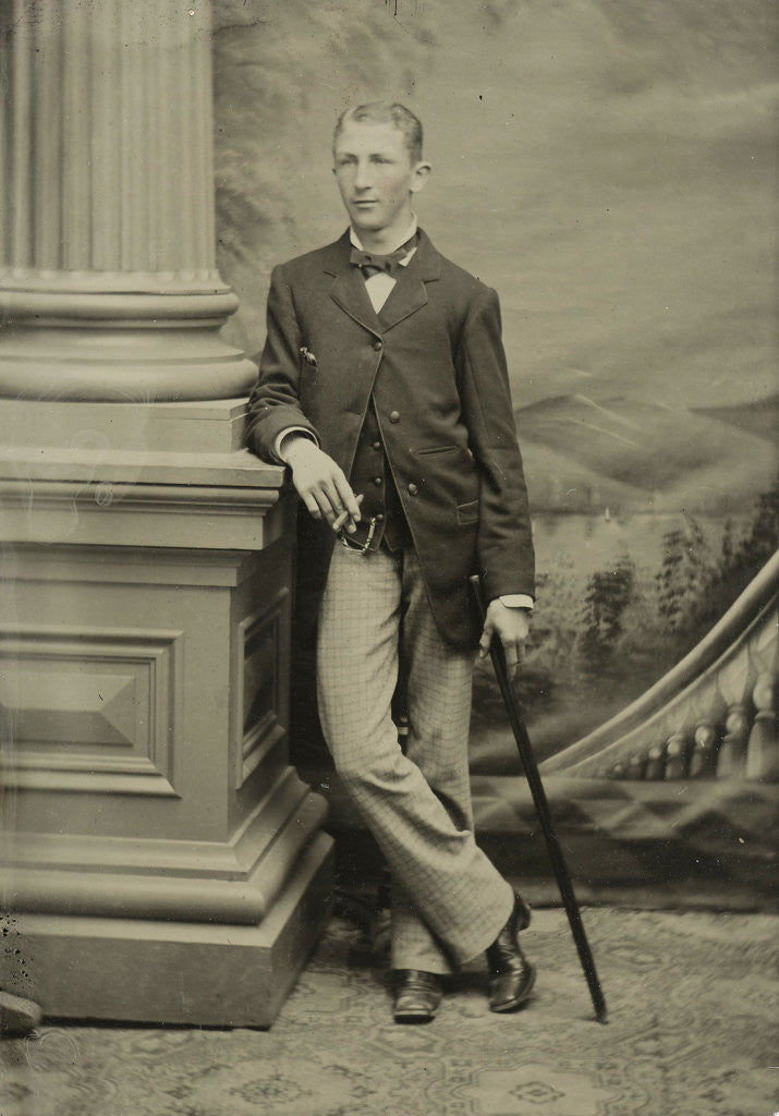 Detail of Portrait of a man standing on a pillar before a painted backdrop, landscape, staircase and terrace by Anonymous