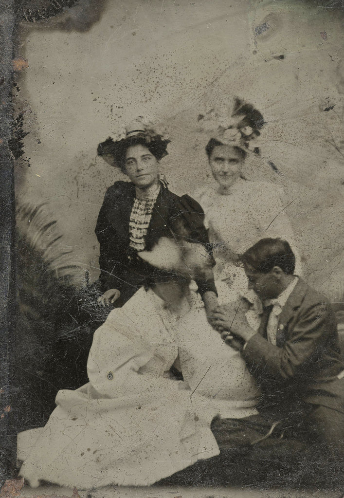 Detail of Portrait of a man who is kneeling in three women and two of them holding a hand by Anonymous