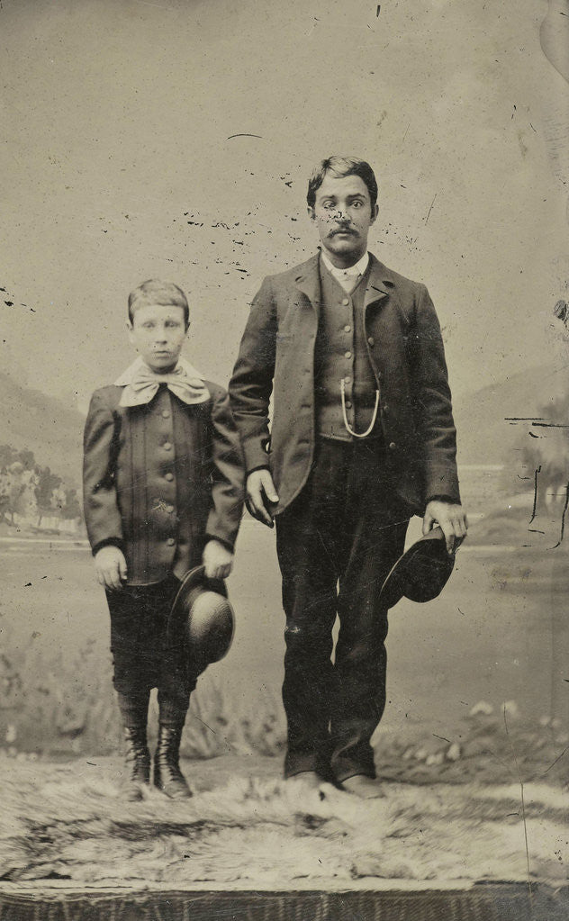 Detail of Portrait of a man and a boy, standing in front of a painted backdrop by Anonymous