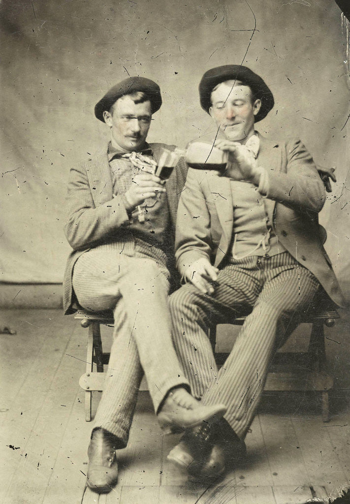 Detail of Portrait of two men, one of whom gave another drink from a bottle into a glass by Anonymous