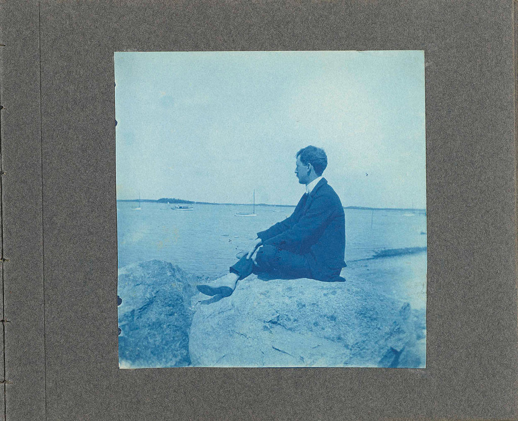 Detail of Man in profile, sitting on a rock by the sea, United States, Cyanotype, a photographic printing process that produces a cyan-blue print by Anonymous