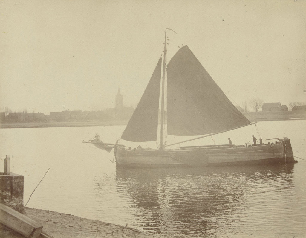 Detail of Sailing ship on the river with city in the background by Henry Pauw van Wieldrecht