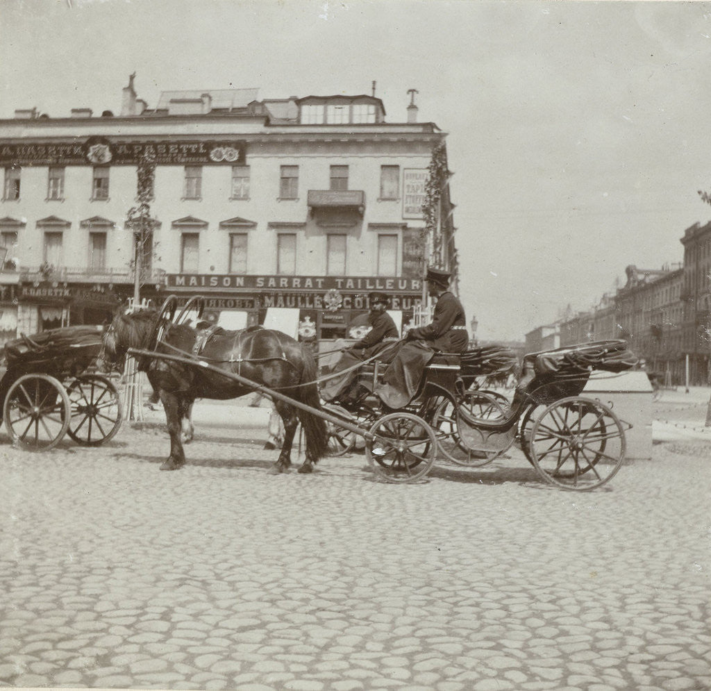 Detail of Russian Droshky coaches with driver waiting for passengers in St. Petersburg by Henry Pauw van Wieldrecht