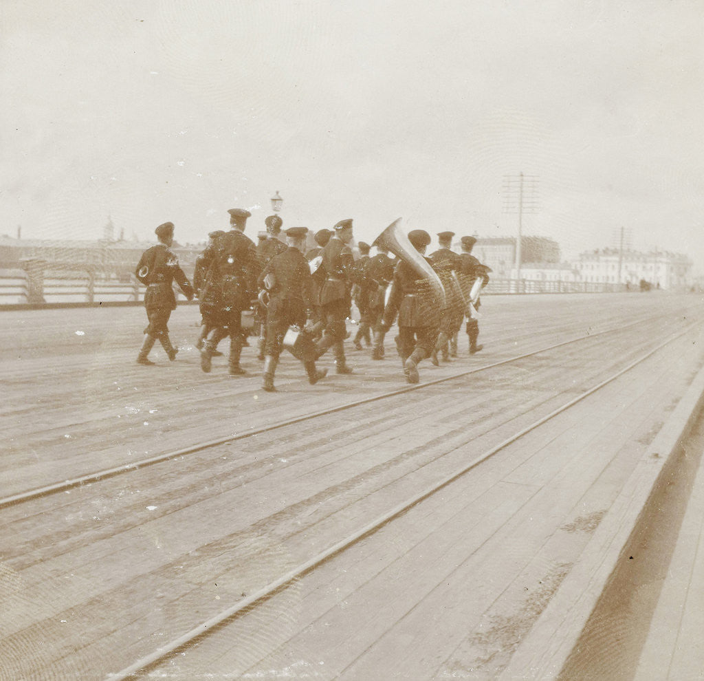 Detail of Musicians in military uniform walking on a bridge across the Neva in St. Petersburg, Russia by Henry Pauw van Wieldrecht