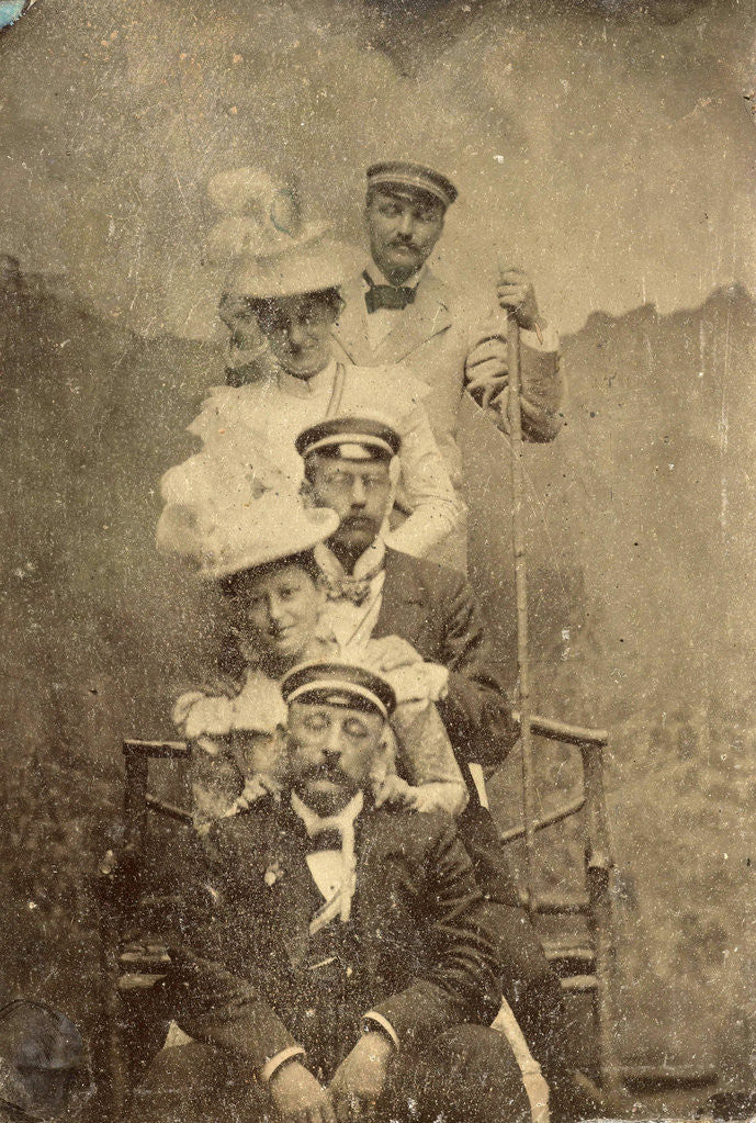 Detail of Group portrait of three men and two women standing and sitting in front of a painted backdrop (mountain castle) (Germany?) by Anonymous