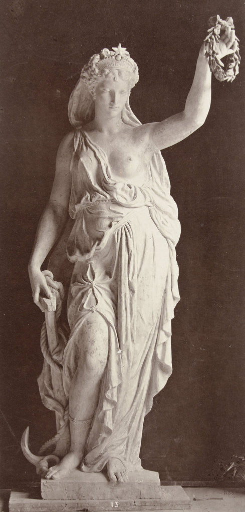 Detail of Marble statue of a woman in a robe with a bare chest, in her left hand she wears a laurel wreath in her right a ship's anchor by Louis-Emile Durandelle