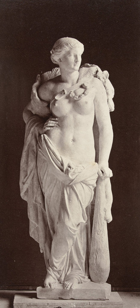 Detail of Marble statue of a woman with bare breasts and in her hand a baton by Louis-Emile Durandelle