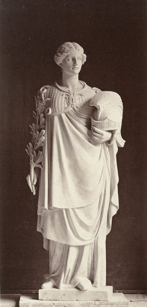 Detail of Marble statue of a woman dressed in warrior costume with a helmet in one hand and the other a palm by Louis-Emile Durandelle