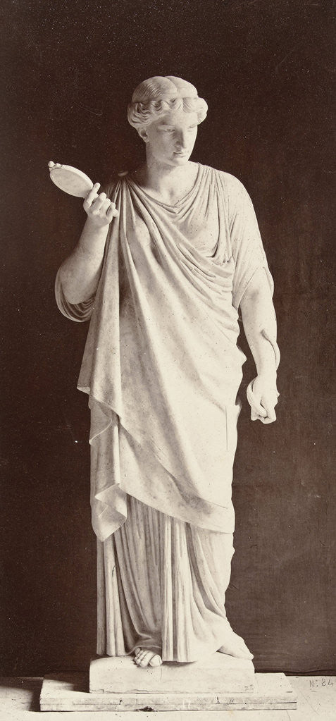 Detail of Marble statue of a woman in a high-necked dress with a mirror in her right hand, a snake in his left hand by Louis-Emile Durandelle