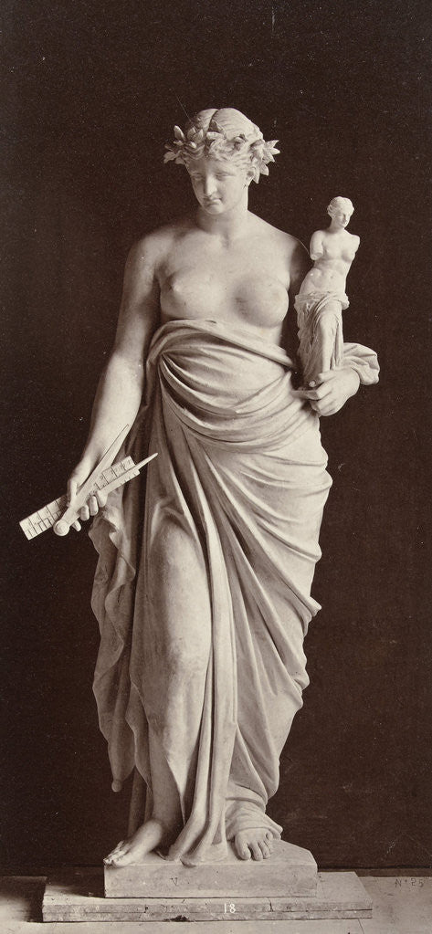 Detail of Marble statue of a woman holding in her left hand a picture in her right hand she carries a compass and a ruler by Louis-Emile Durandelle