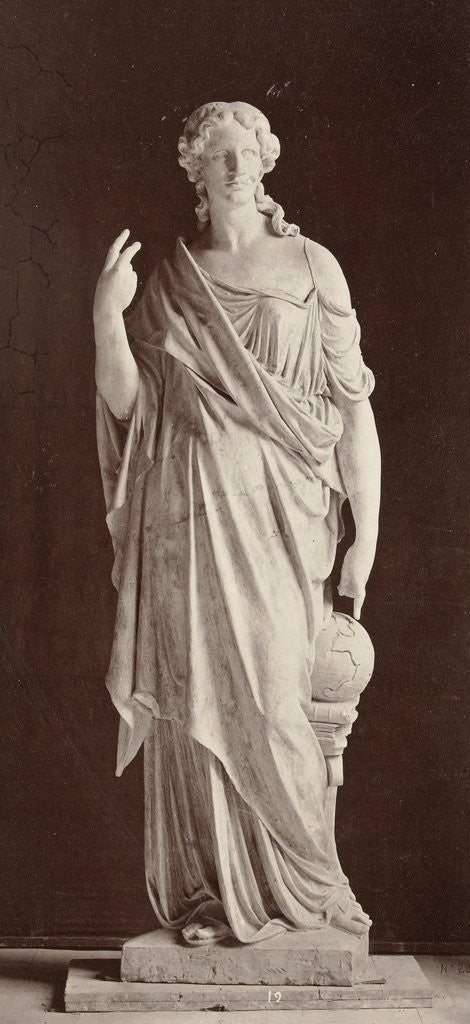 Detail of Marble statue of a woman in high-necked dress, with her right hand pointing at a globe and her left hand pointing in the air by Louis-Emile Durandelle
