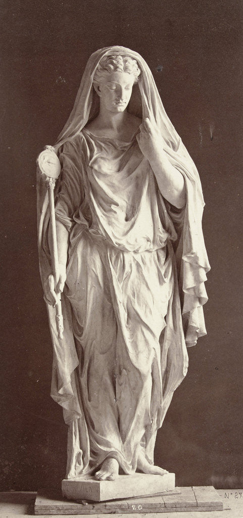 Detail of Marble statue of a veiled woman in a high-necked dress with a staff in her right hand by Louis-Emile Durandelle