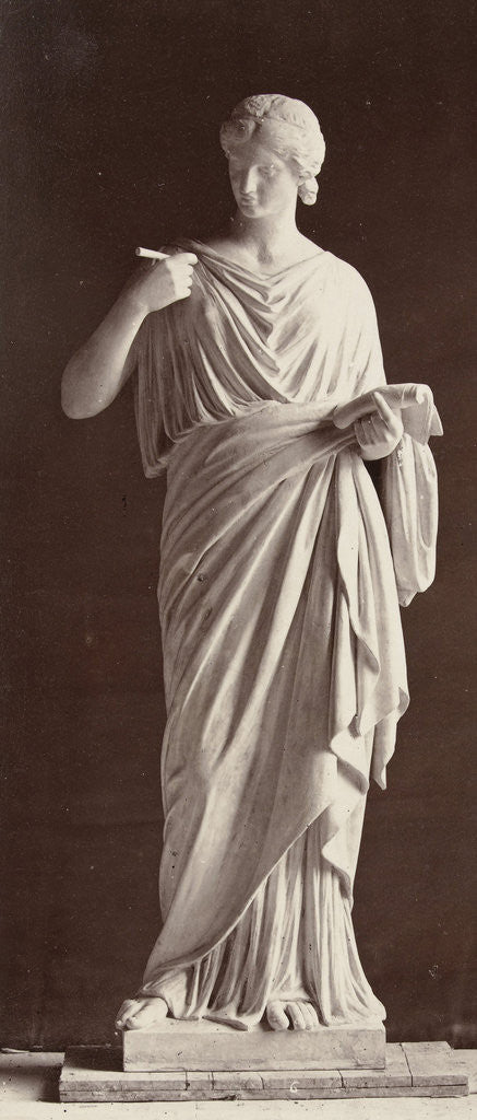 Detail of Marble statue of a woman in gown in her hands with a paper and a pen by Louis-Emile Durandelle