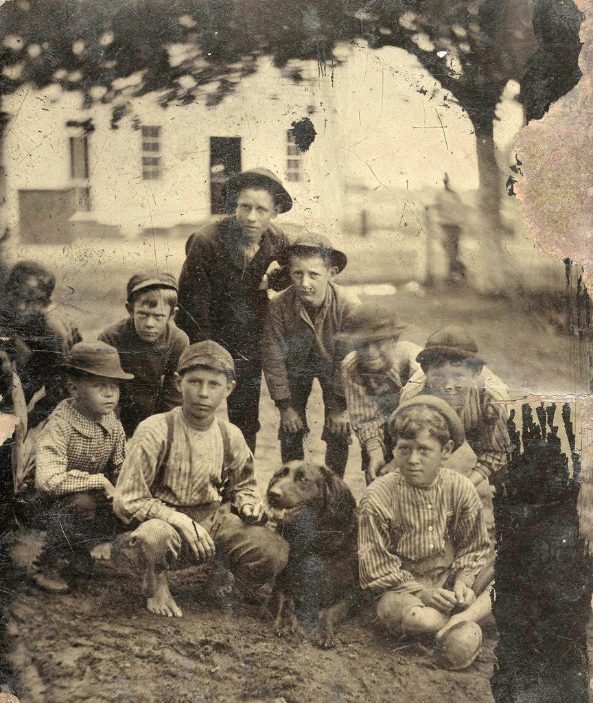Detail of Group portrait of nine boys and a dog, standing and sitting in the open air by Anonymous