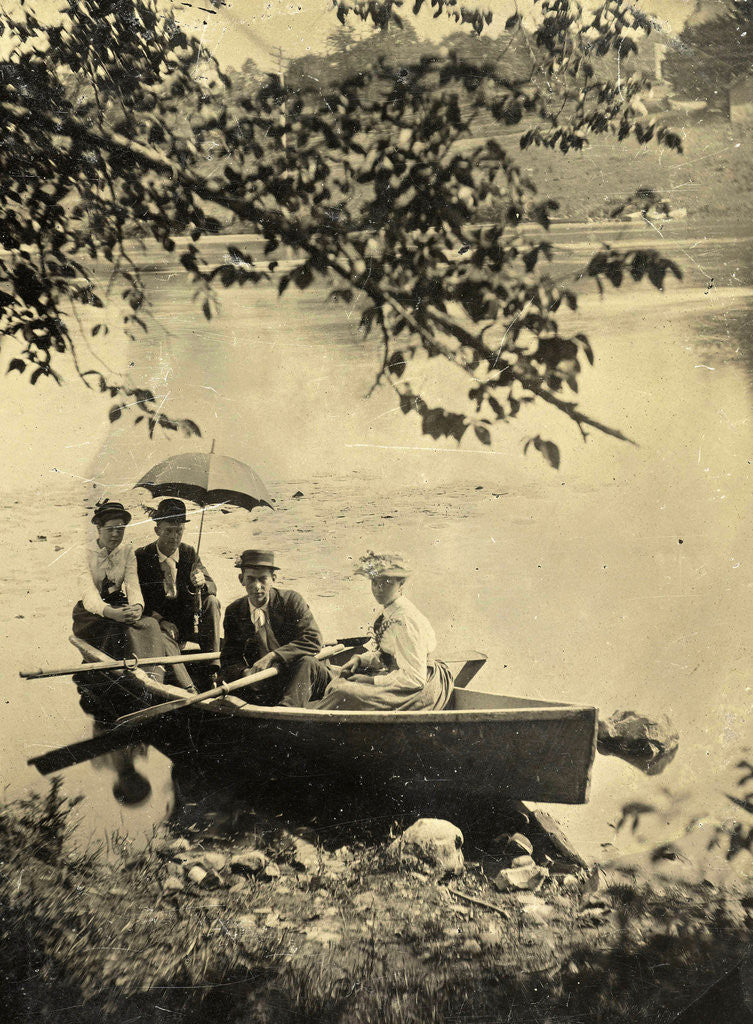 Detail of Two men and two women in a rowboat on a lake by Anonymous