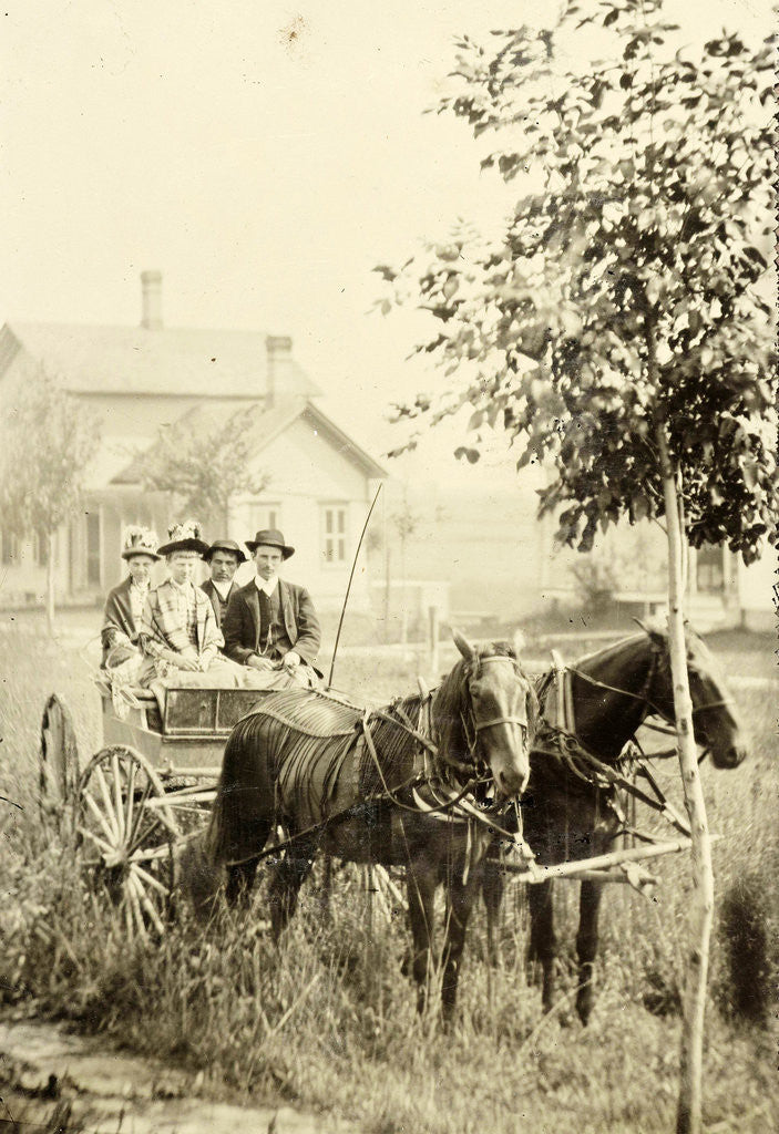Detail of Two men and two women in a carriage with two horses before, against the backdrop of a wooden house by Anonymous