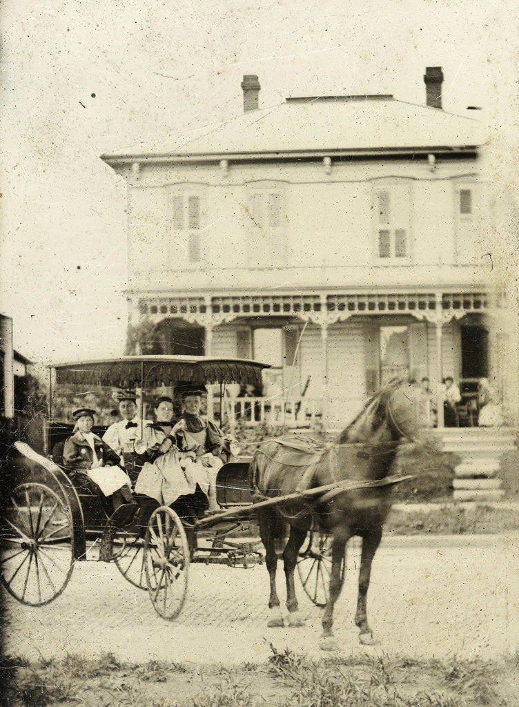 Detail of Three women and a girl (?) In a carriage with horse, with a backdrop of a wooden house by Anonymous