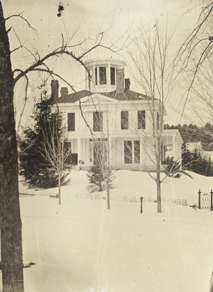 Detail of View of a wooden house (with turret or widow's walk or predatory walk) in the snow by Anonymous