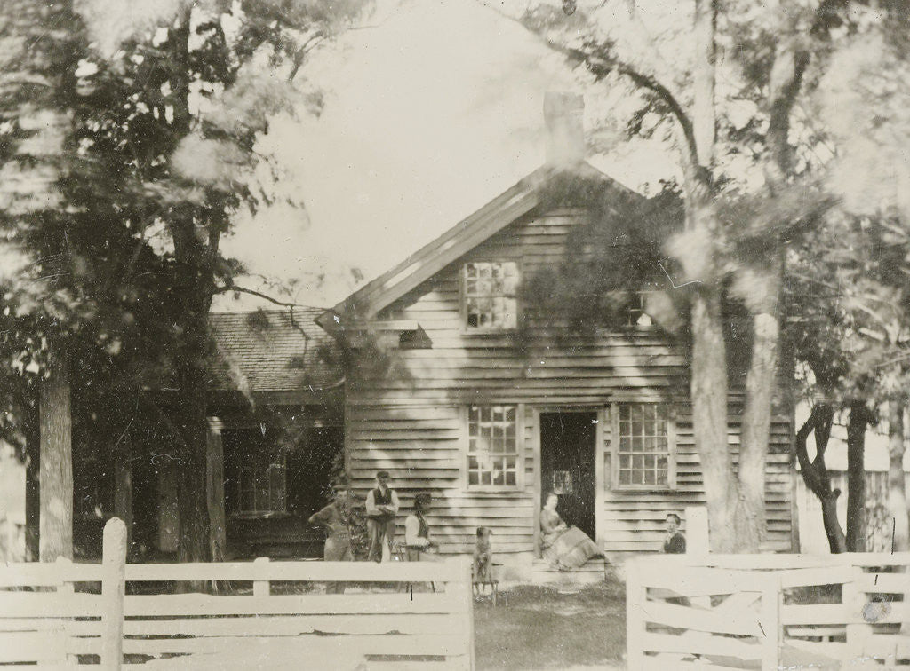 Detail of View of a wooden house, with five people and a dog by Anonymous