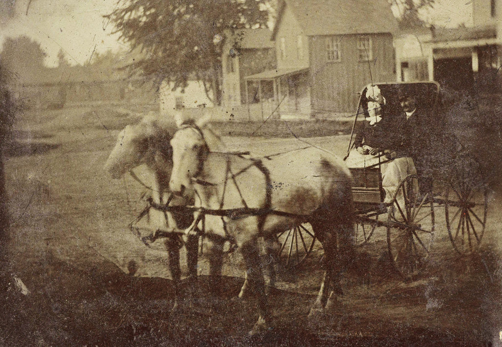 Detail of Man and woman sitting in a carriage with two horses, against the backdrop of wooden houses by William Bartholomew