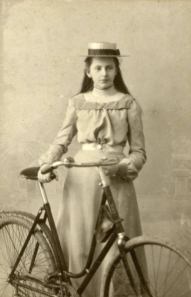 Detail of Portrait of young woman in dress with ladies bike by Alex van Dijck